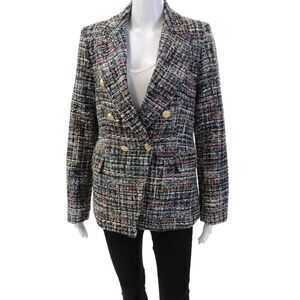 Absolu Womens Double Breasted Notched Lapel Tweed Jacket Blue White IT 40